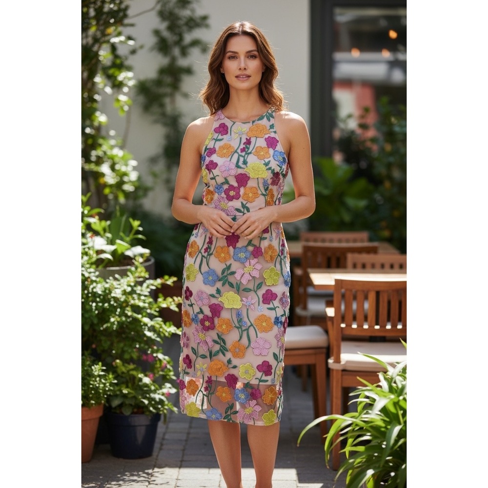 Adrianna Papell Womens 8 Embroidered Floral Halter Midi Dress Pink Yellow NWT